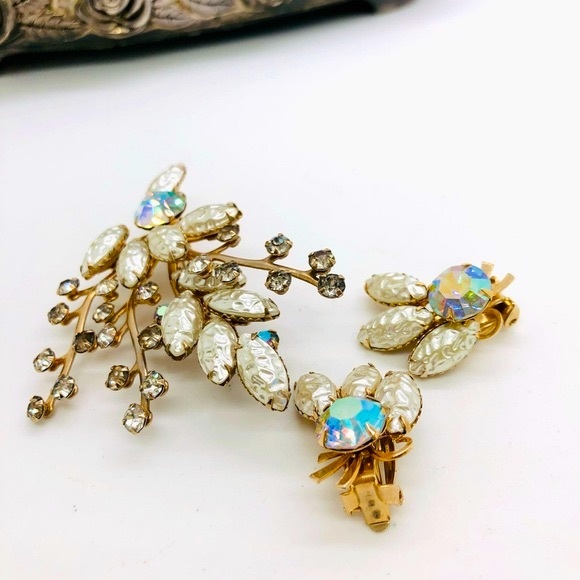 Vintage Rhinestone Lava Demi Parure Brooch & Earrings - Picture 11 of 11